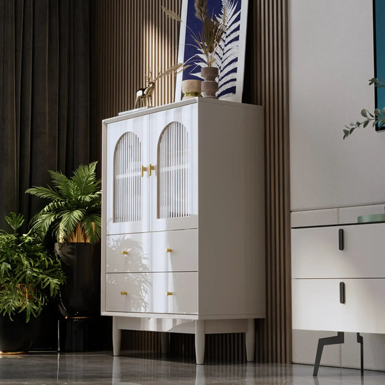 Armoire de rangement moderne et élégante en bois blanc avec portes vitrées