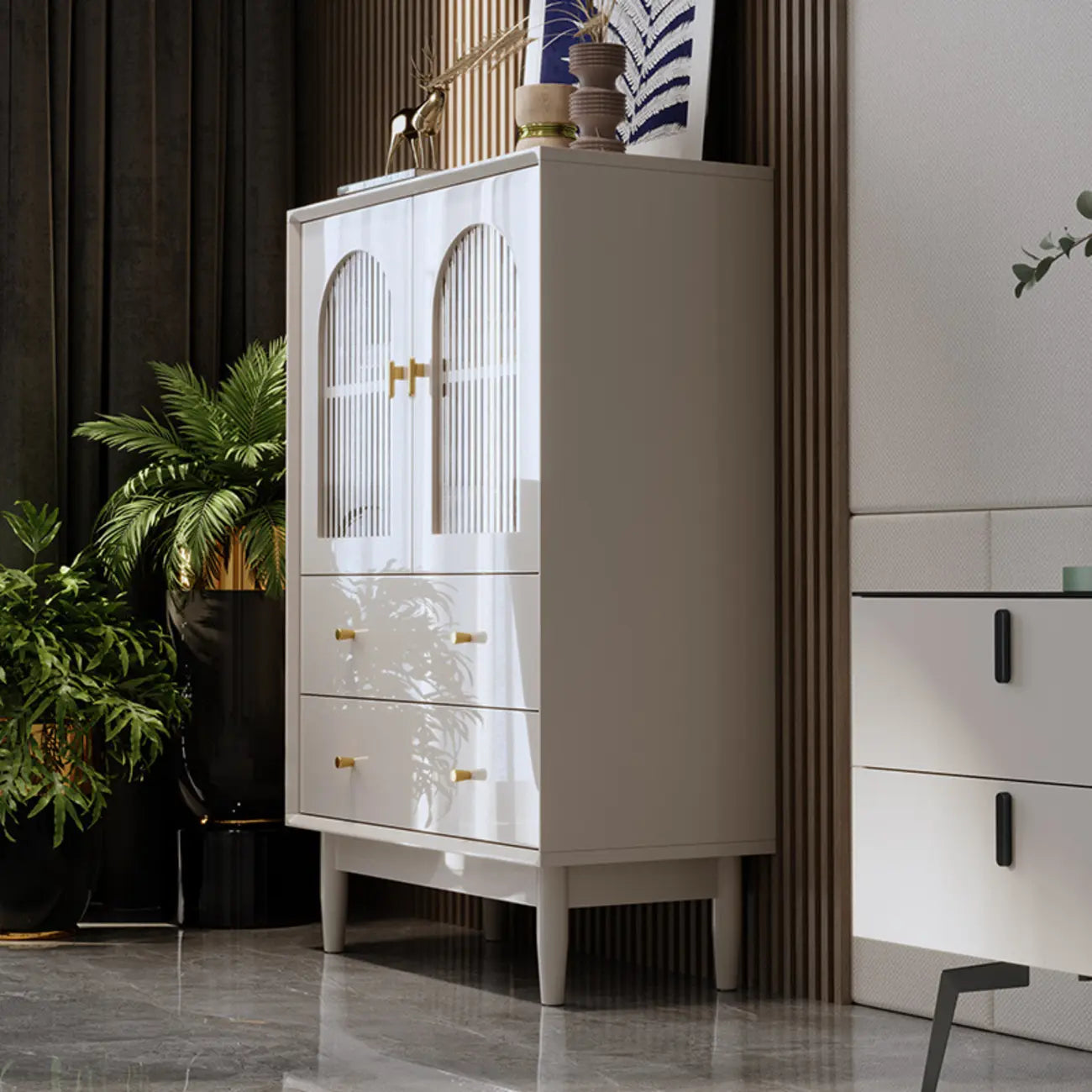 Armoire de rangement moderne et élégante en bois blanc avec portes vitrées