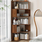 Libreria ad angolo aperta a 6 ripiani a forma di L in legno marrone noce