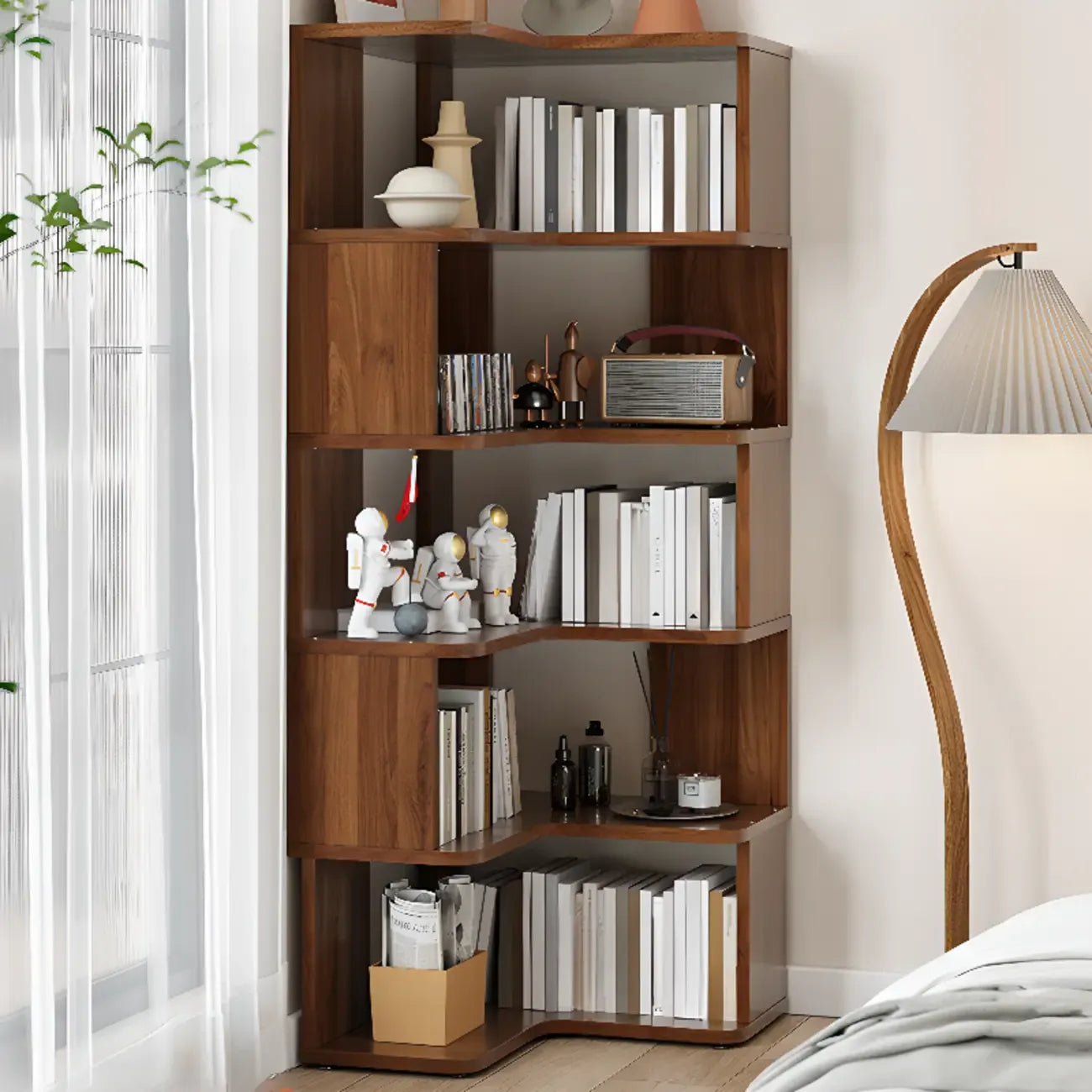 Libreria ad angolo aperta a 6 ripiani a forma di L in legno marrone noce