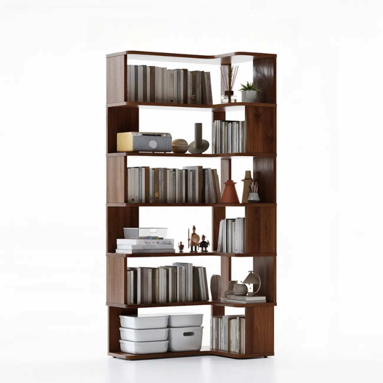 Libreria ad angolo aperta a 6 ripiani a forma di L in legno marrone noce