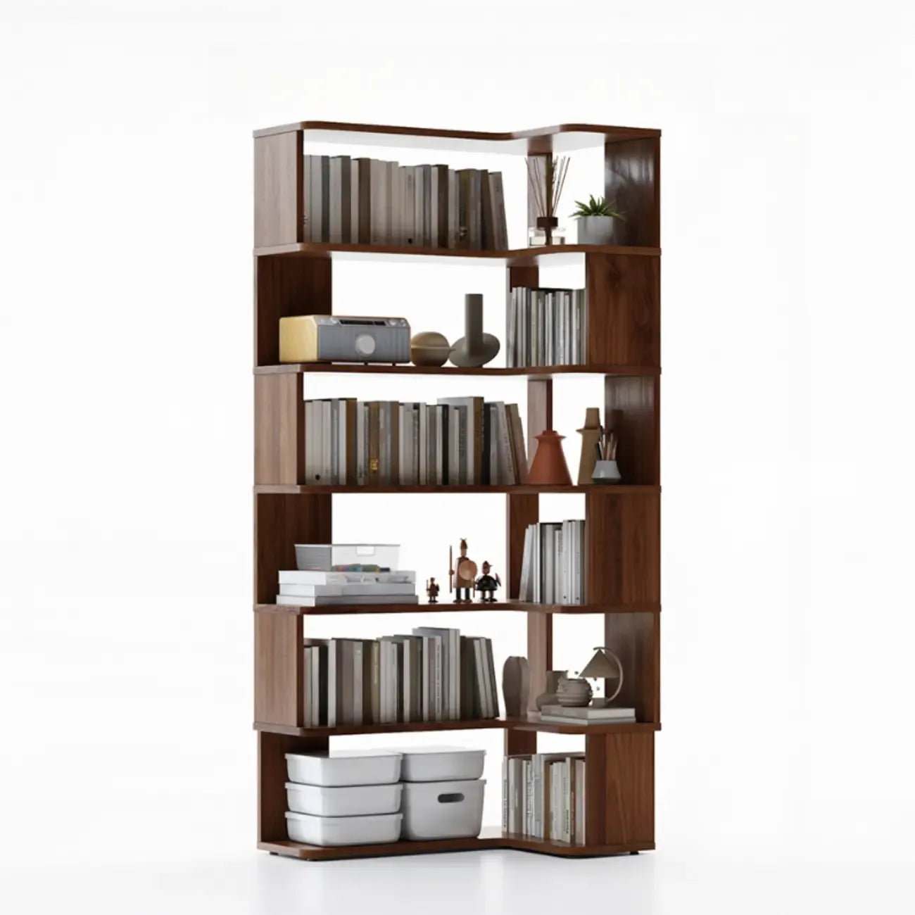 Libreria ad angolo aperta a 6 ripiani a forma di L in legno marrone noce