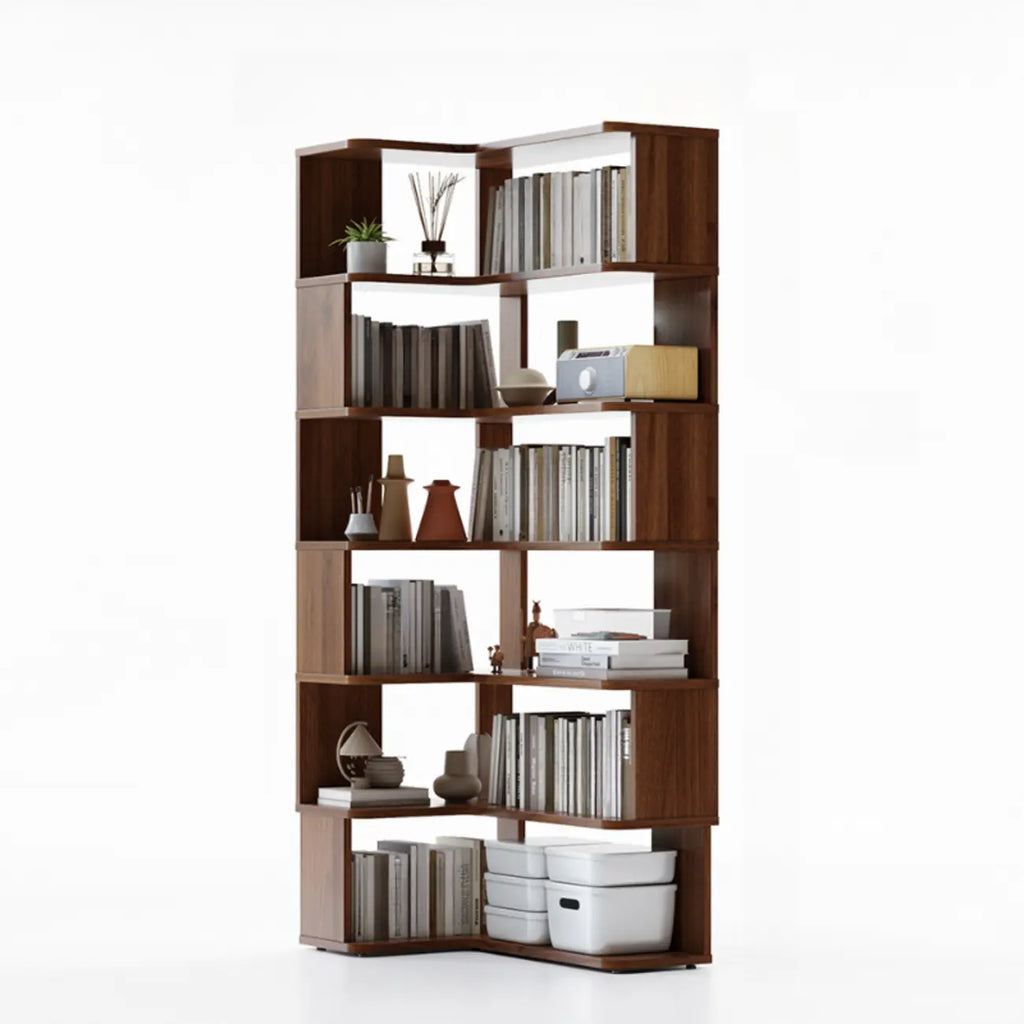 Libreria ad angolo aperta a 6 ripiani a forma di L in legno marrone noce