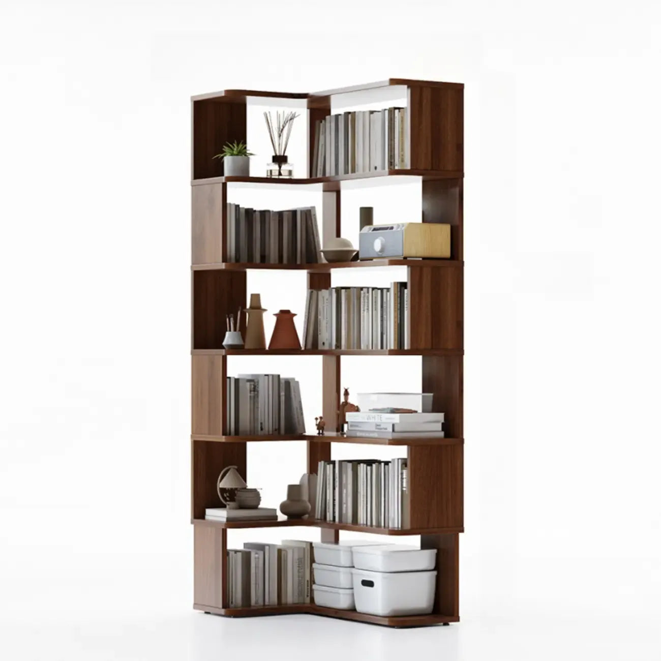 Libreria ad angolo aperta a 6 ripiani a forma di L in legno marrone noce