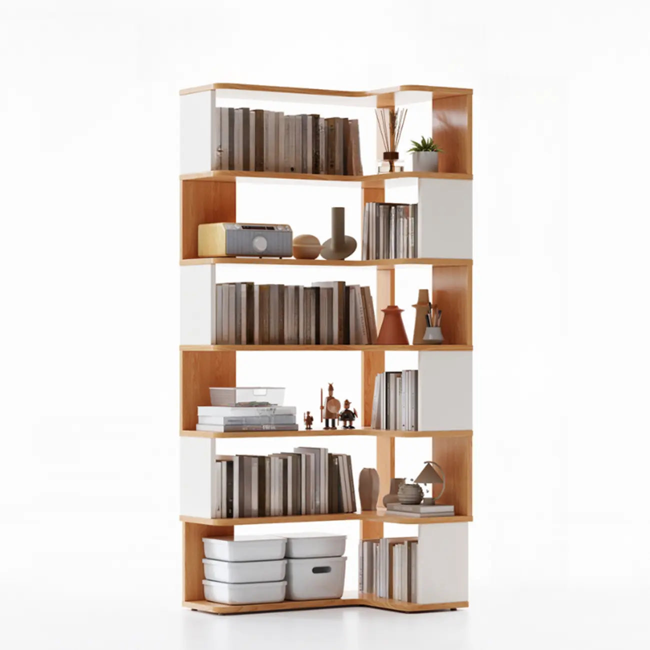 Libreria ad angolo aperta a 6 ripiani a forma di L in legno marrone noce