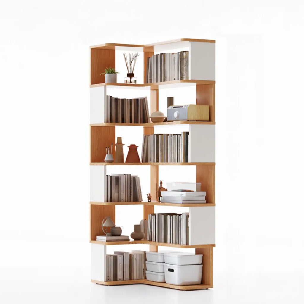 Libreria ad angolo aperta a 6 ripiani a forma di L in legno marrone noce