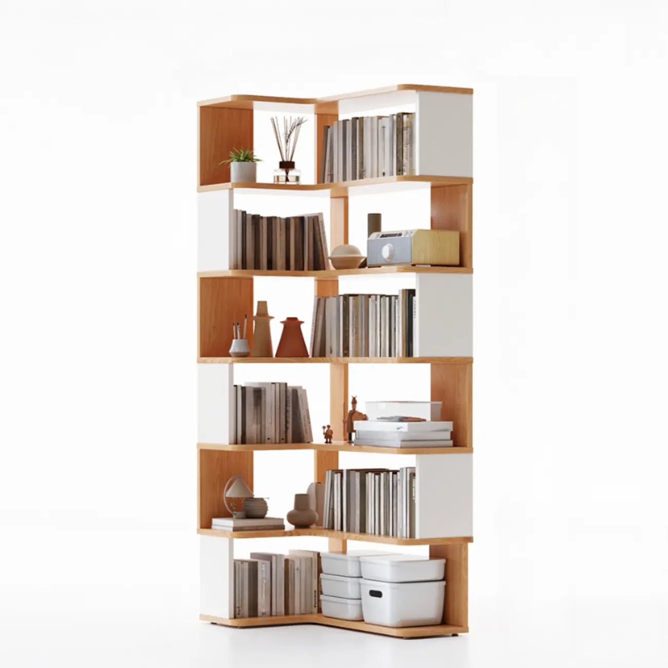 Libreria ad angolo aperta a 6 ripiani a forma di L in legno marrone noce