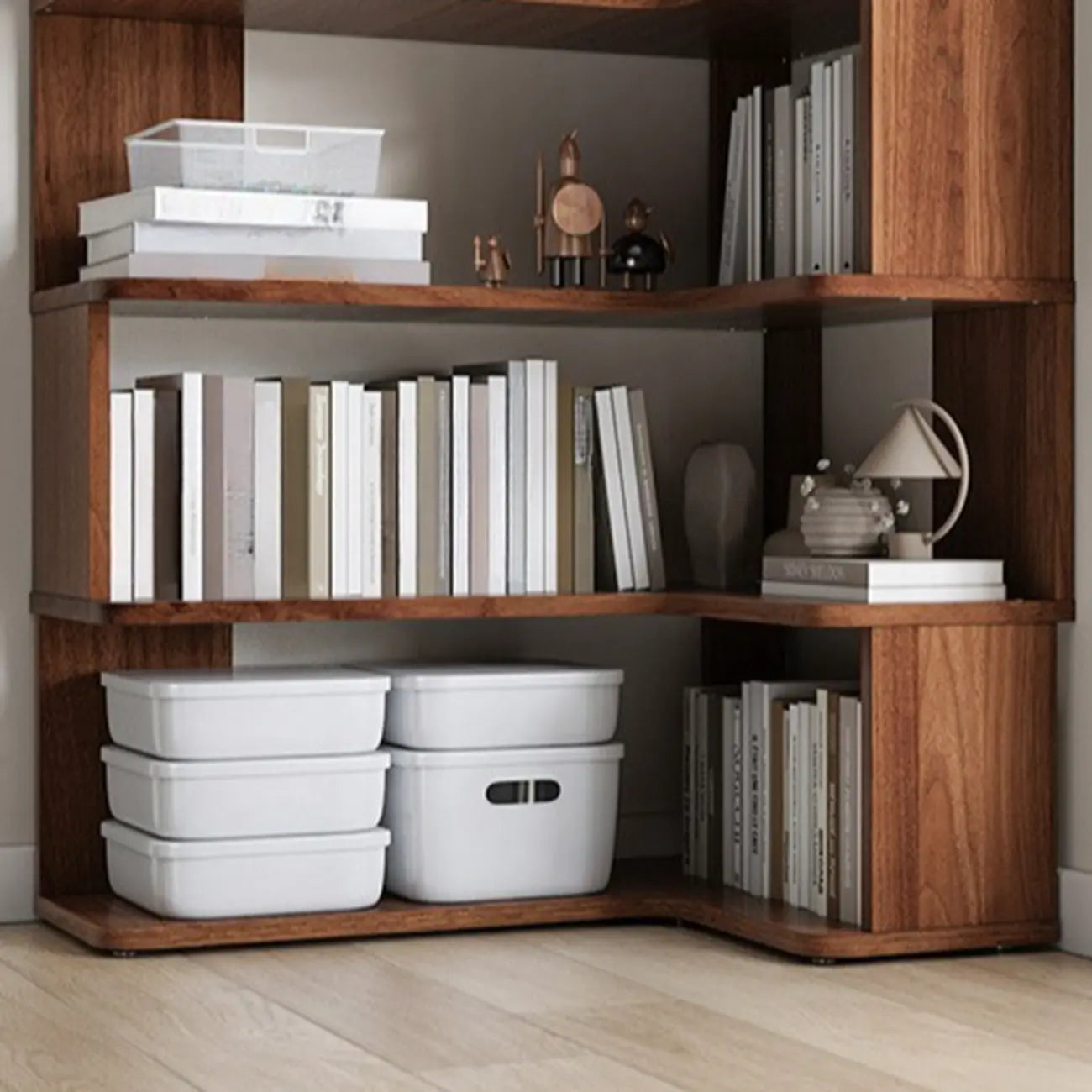 Libreria ad angolo aperta a 6 ripiani a forma di L in legno marrone noce