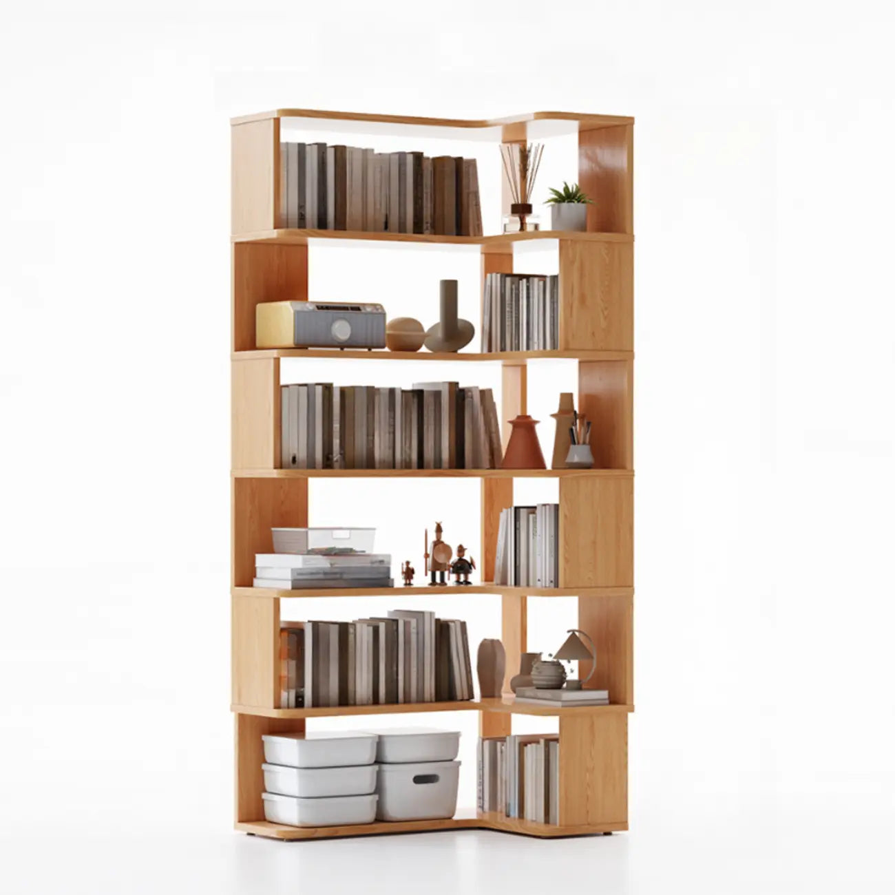 Libreria ad angolo aperta a 6 ripiani a forma di L in legno marrone noce
