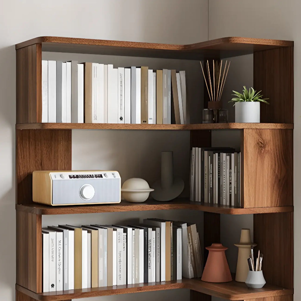 Libreria ad angolo aperta a 6 ripiani a forma di L in legno marrone noce