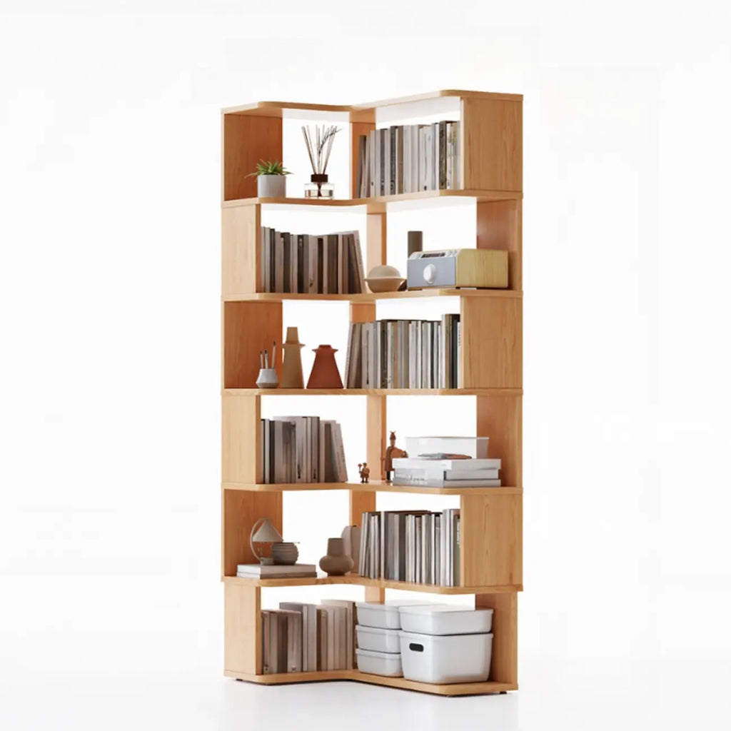 Libreria ad angolo aperta a 6 ripiani a forma di L in legno marrone noce