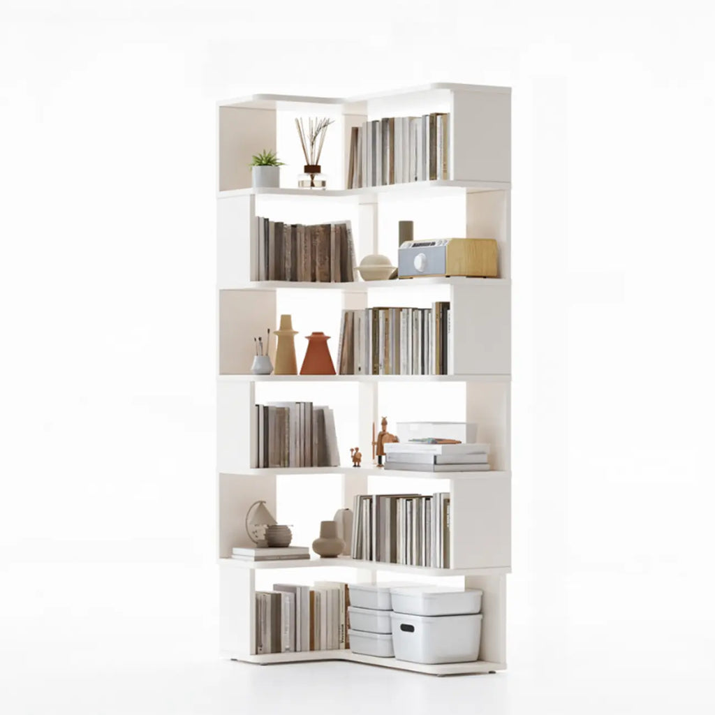Libreria ad angolo aperta a 6 ripiani a forma di L in legno marrone noce