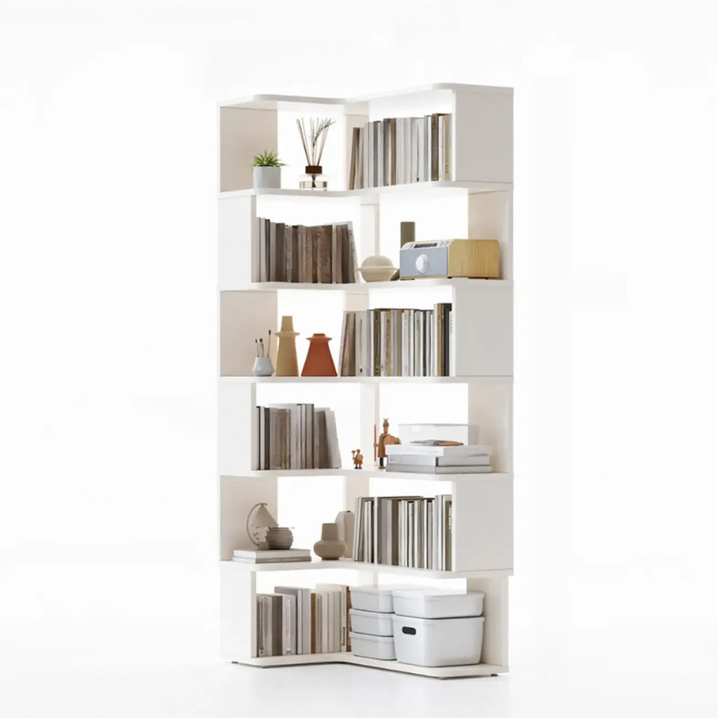 Libreria ad angolo aperta a 6 ripiani a forma di L in legno marrone noce