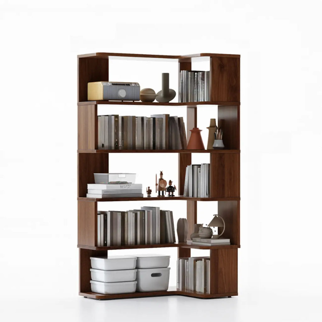 Libreria ad angolo aperta a 6 ripiani a forma di L in legno marrone noce
