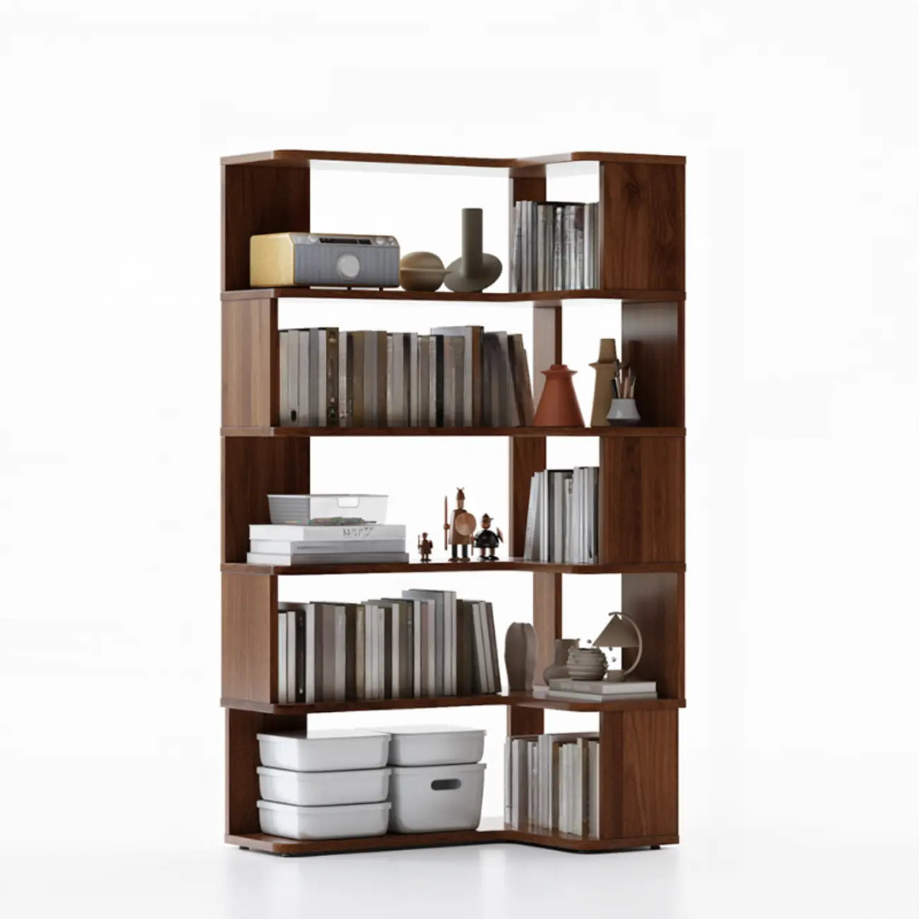 Libreria ad angolo aperta a 6 ripiani a forma di L in legno marrone noce