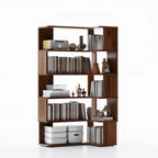Libreria ad angolo aperta a 6 ripiani a forma di L in legno marrone noce