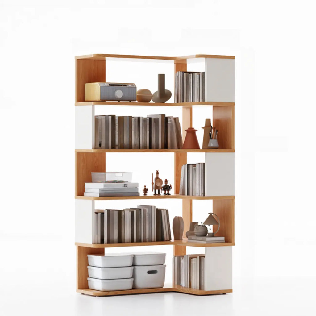Libreria ad angolo aperta a 6 ripiani a forma di L in legno marrone noce