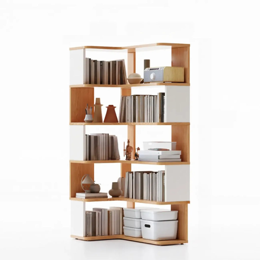 Libreria ad angolo aperta a 6 ripiani a forma di L in legno marrone noce