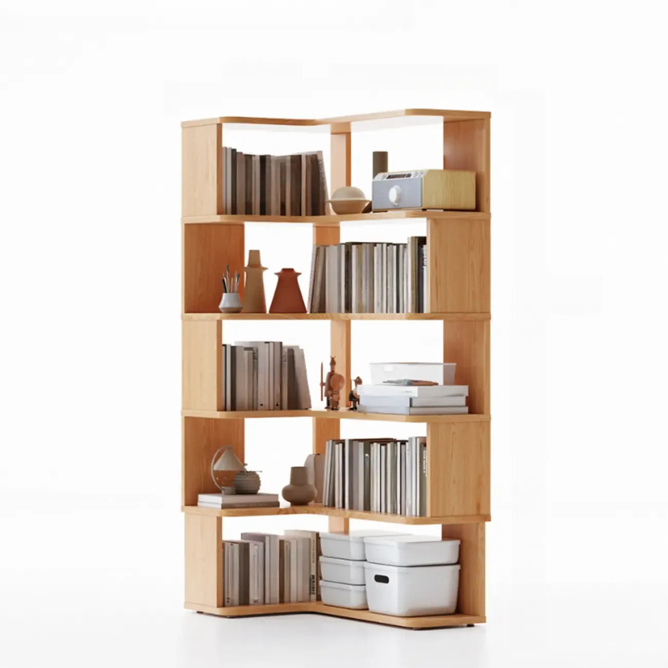Libreria ad angolo aperta a 6 ripiani a forma di L in legno marrone noce