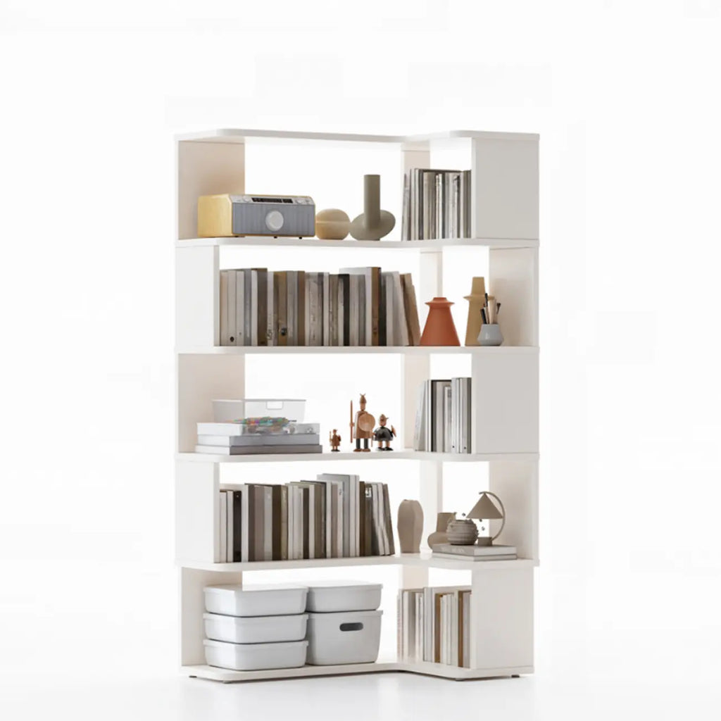 Libreria ad angolo aperta a 6 ripiani a forma di L in legno marrone noce
