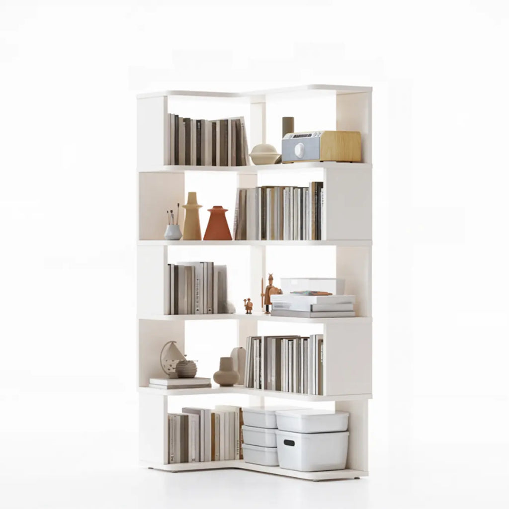 Libreria ad angolo aperta a 6 ripiani a forma di L in legno marrone noce