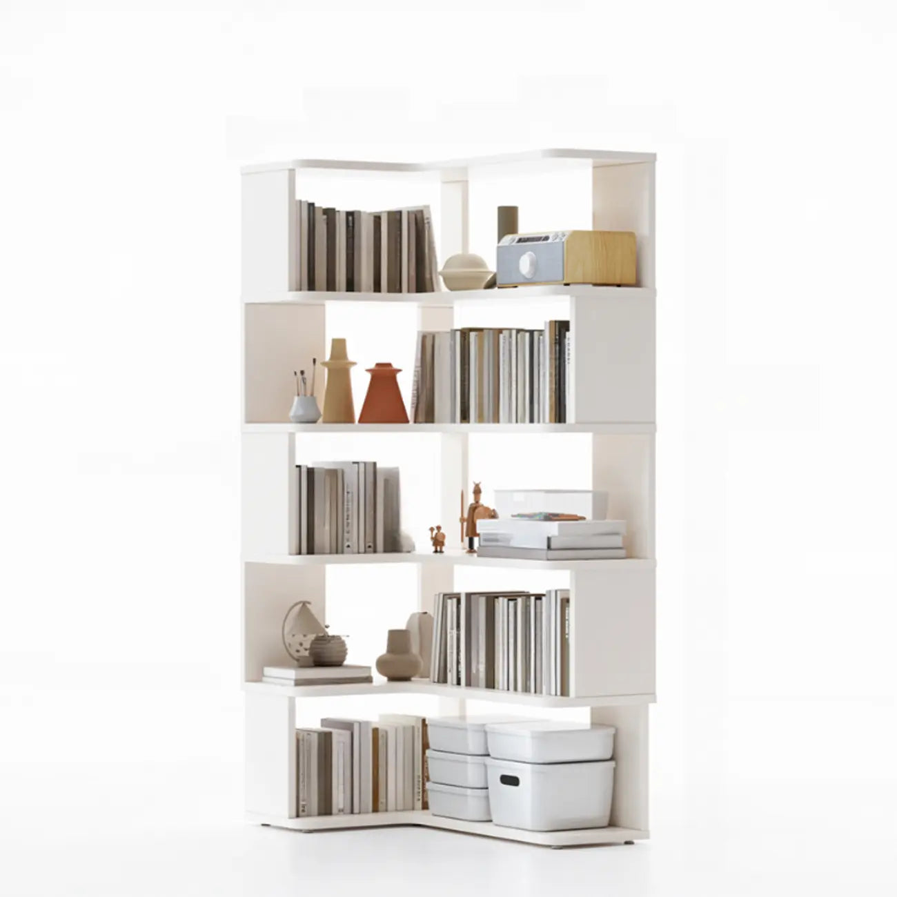 Libreria ad angolo aperta a 6 ripiani a forma di L in legno marrone noce