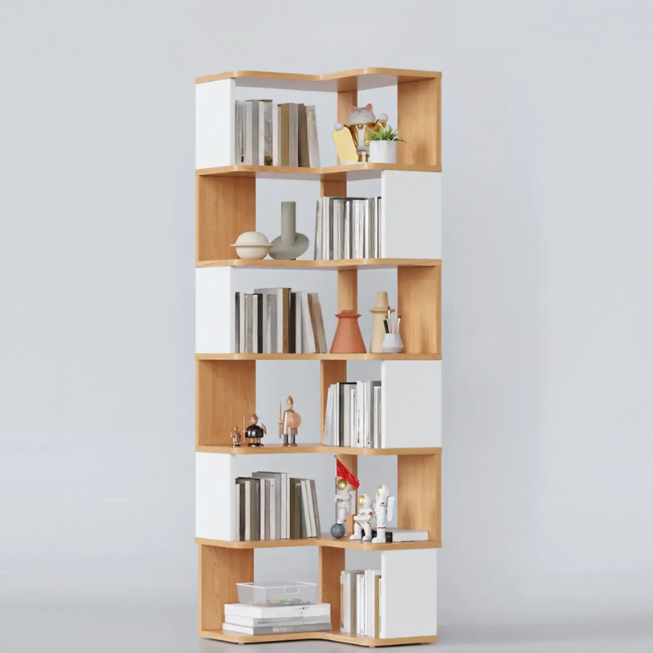 Libreria ad angolo aperta a 6 ripiani a forma di L in legno marrone noce