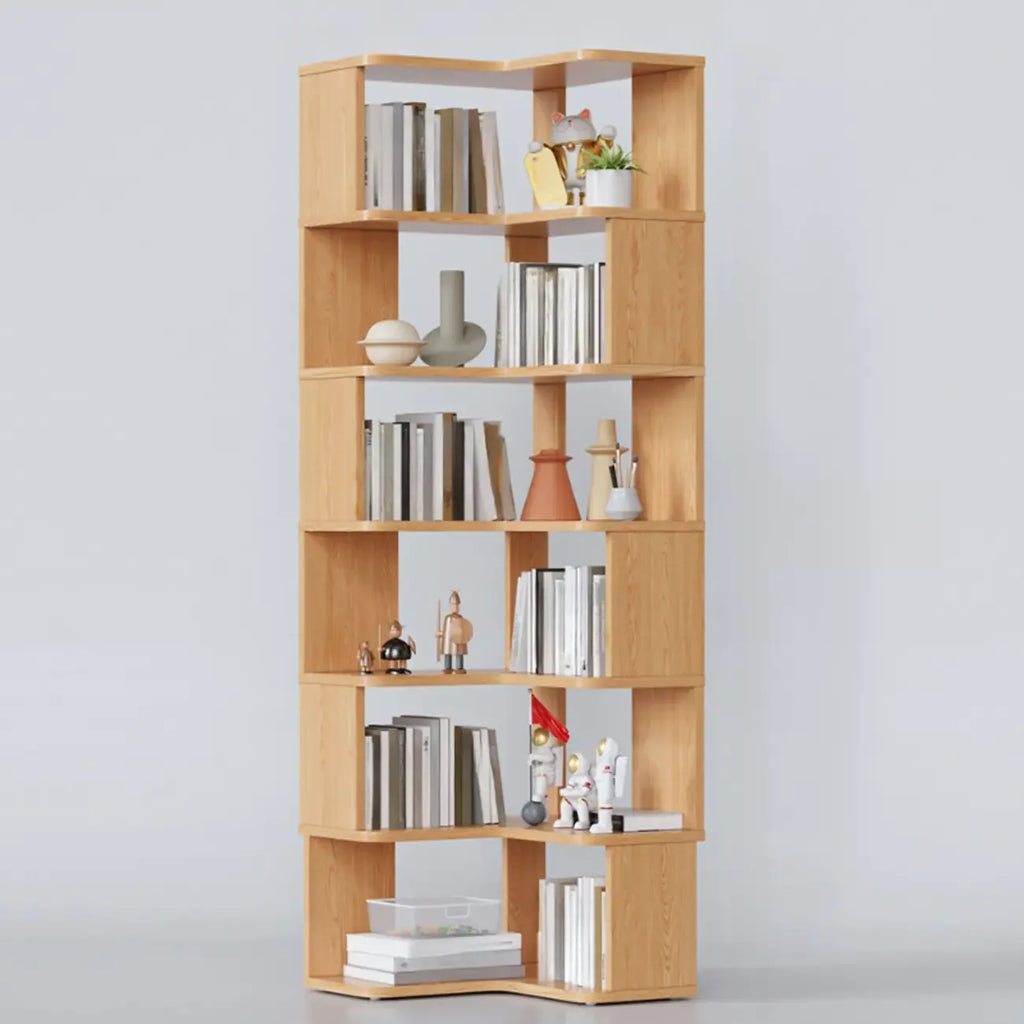 Libreria ad angolo aperta a 6 ripiani a forma di L in legno marrone noce