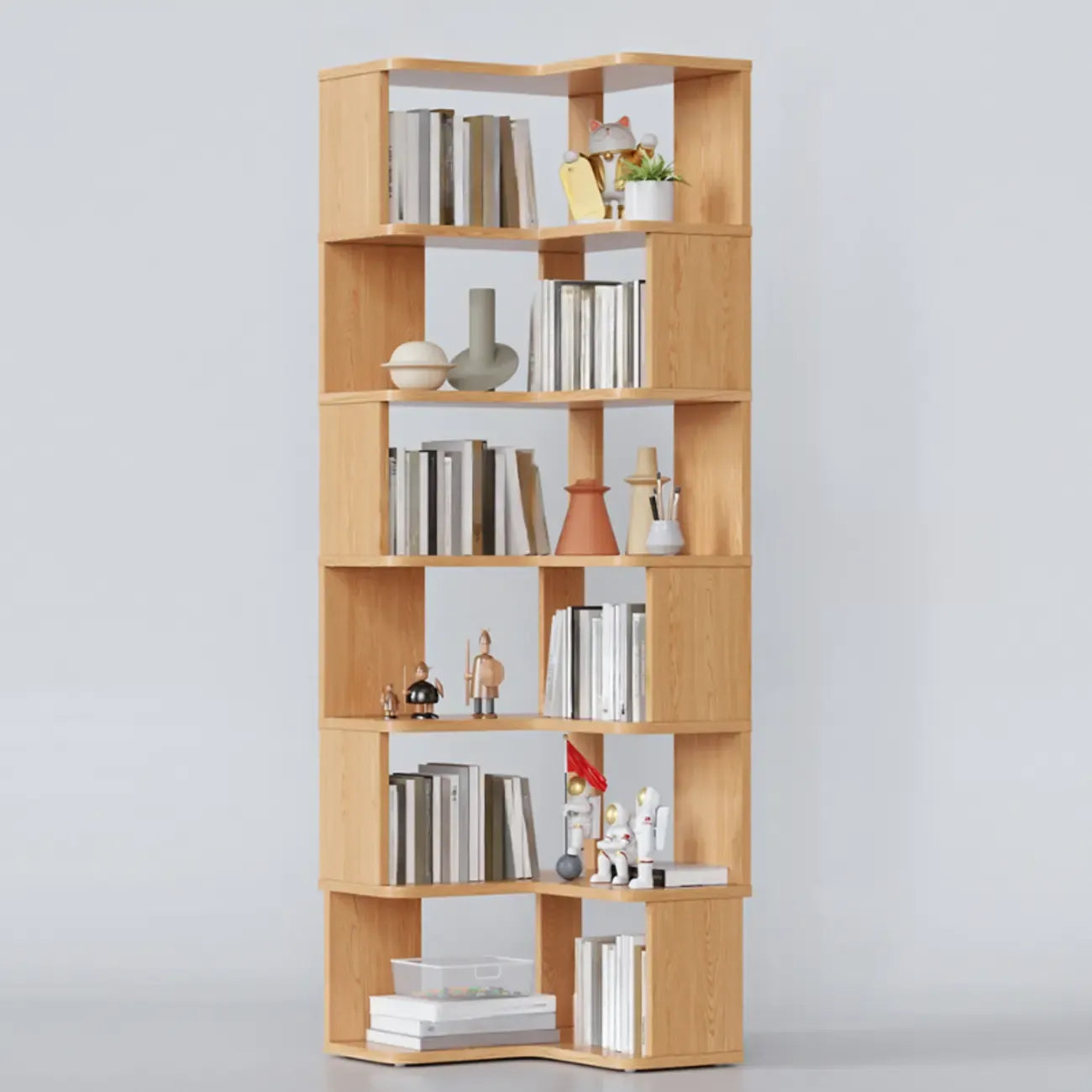 Libreria ad angolo aperta a 6 ripiani a forma di L in legno marrone noce
