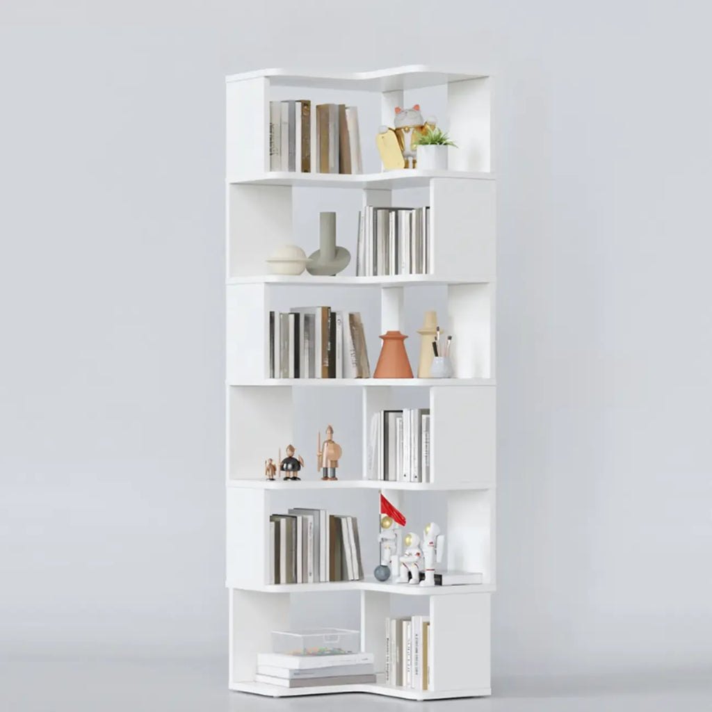 Libreria ad angolo aperta a 6 ripiani a forma di L in legno marrone noce