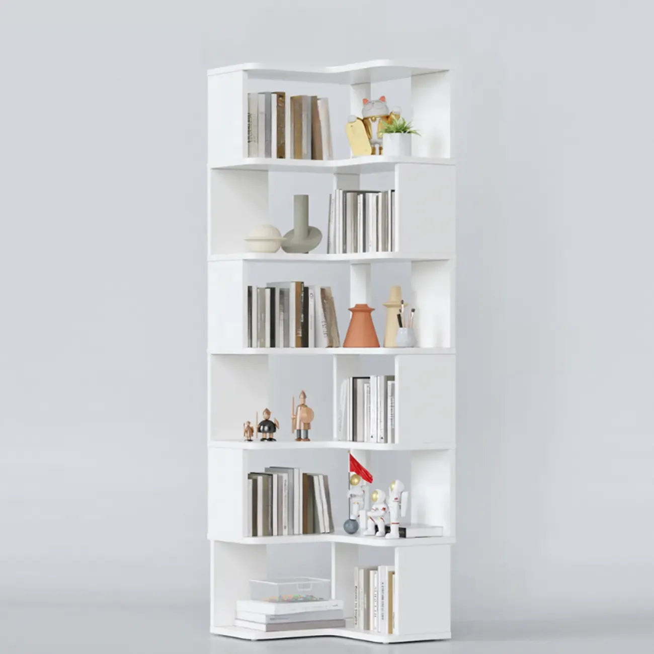 Libreria ad angolo aperta a 6 ripiani a forma di L in legno marrone noce