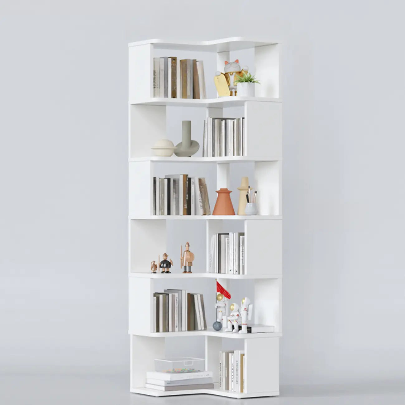 Libreria ad angolo aperta a 6 ripiani a forma di L in legno marrone noce