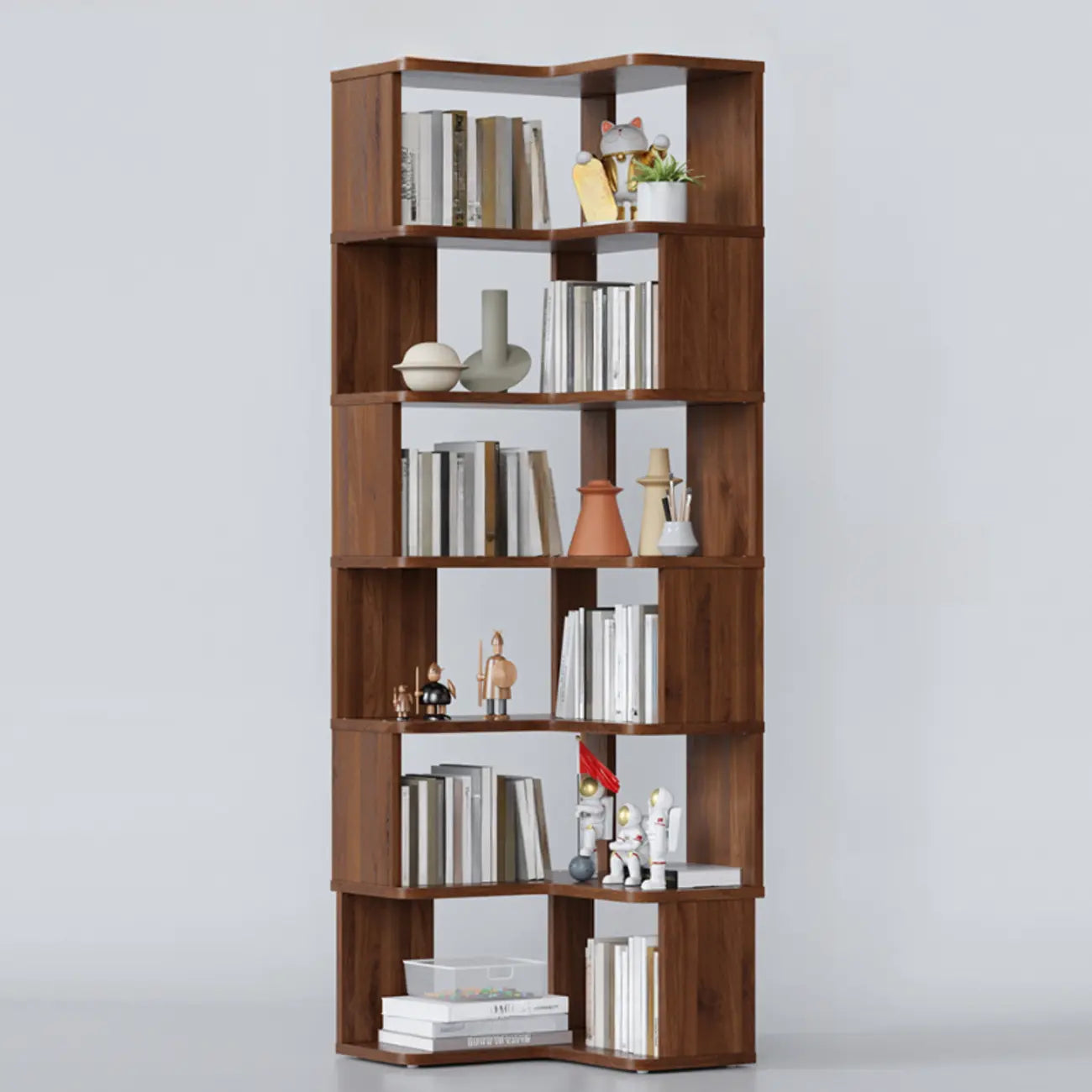 Libreria ad angolo aperta a 6 ripiani a forma di L in legno marrone noce