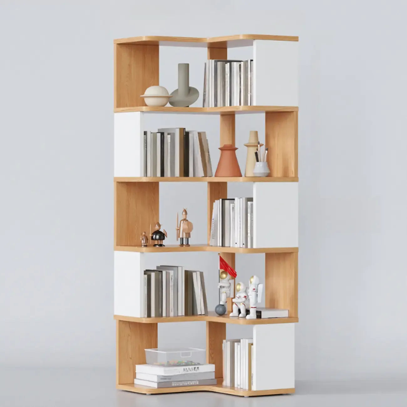 Libreria ad angolo aperta a 6 ripiani a forma di L in legno marrone noce