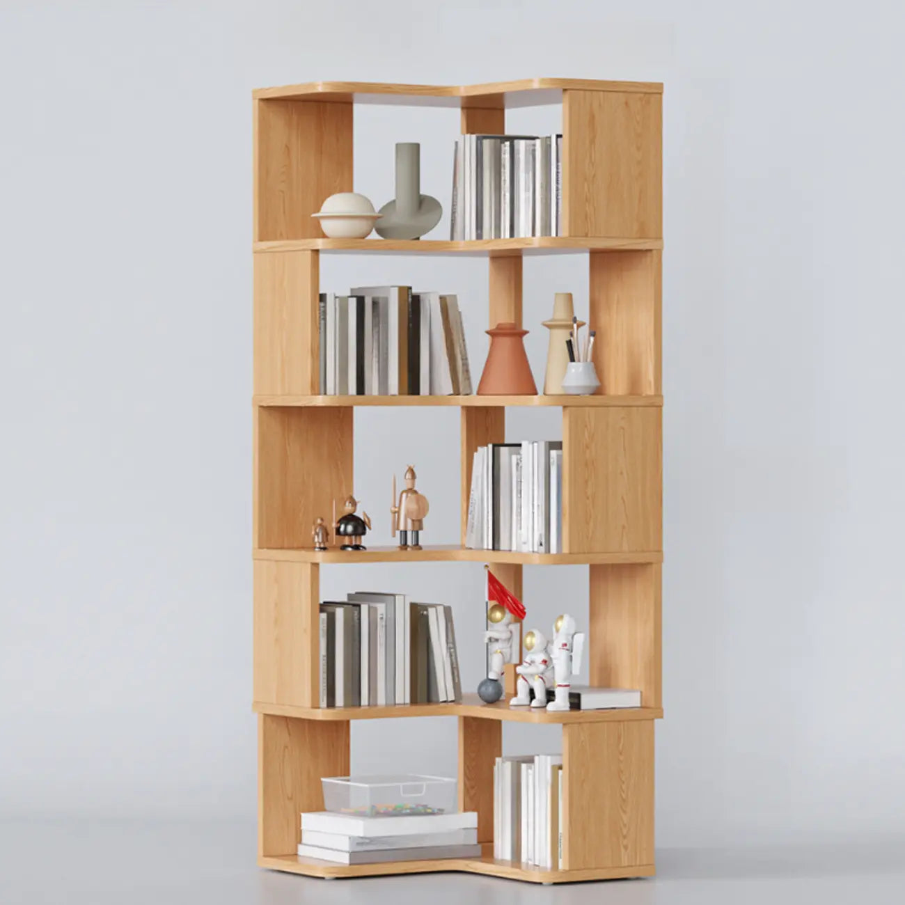 Libreria ad angolo aperta a 6 ripiani a forma di L in legno marrone noce