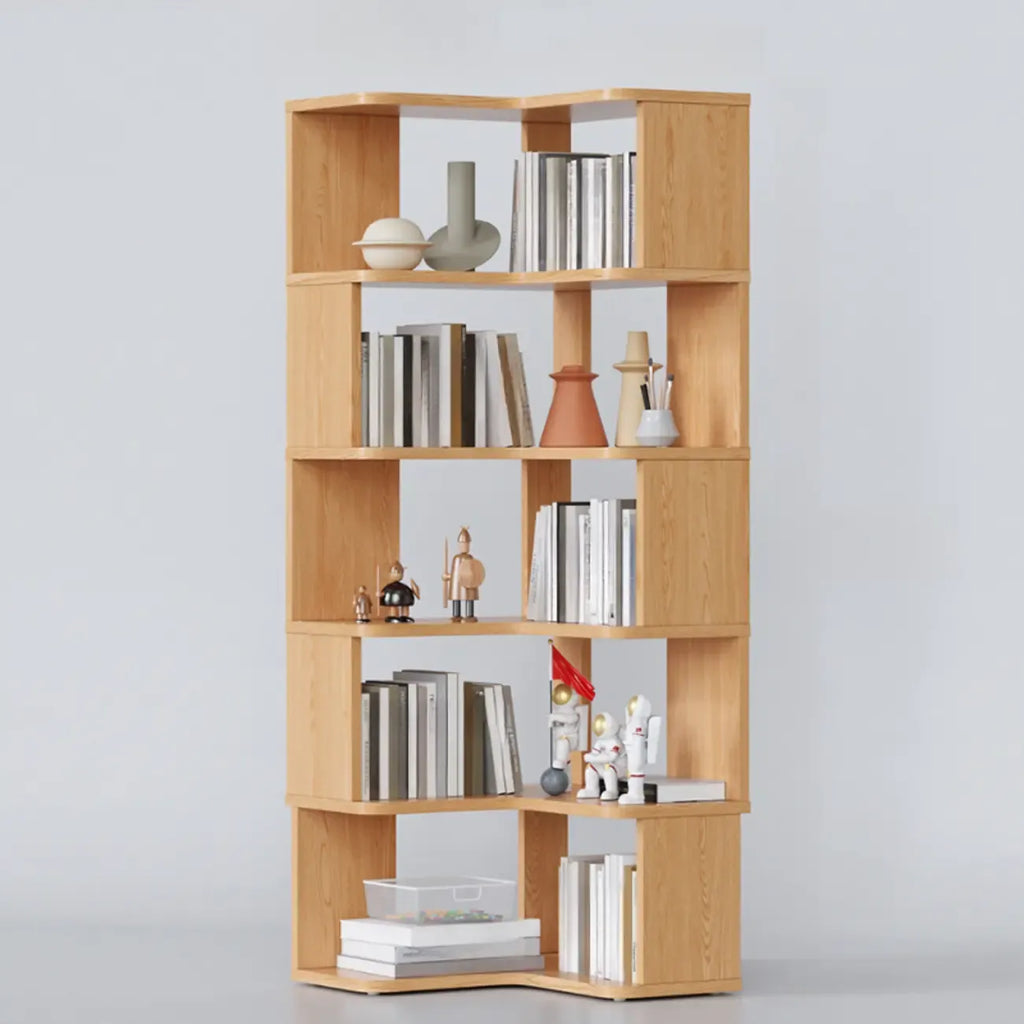 Libreria ad angolo aperta a 6 ripiani a forma di L in legno marrone noce