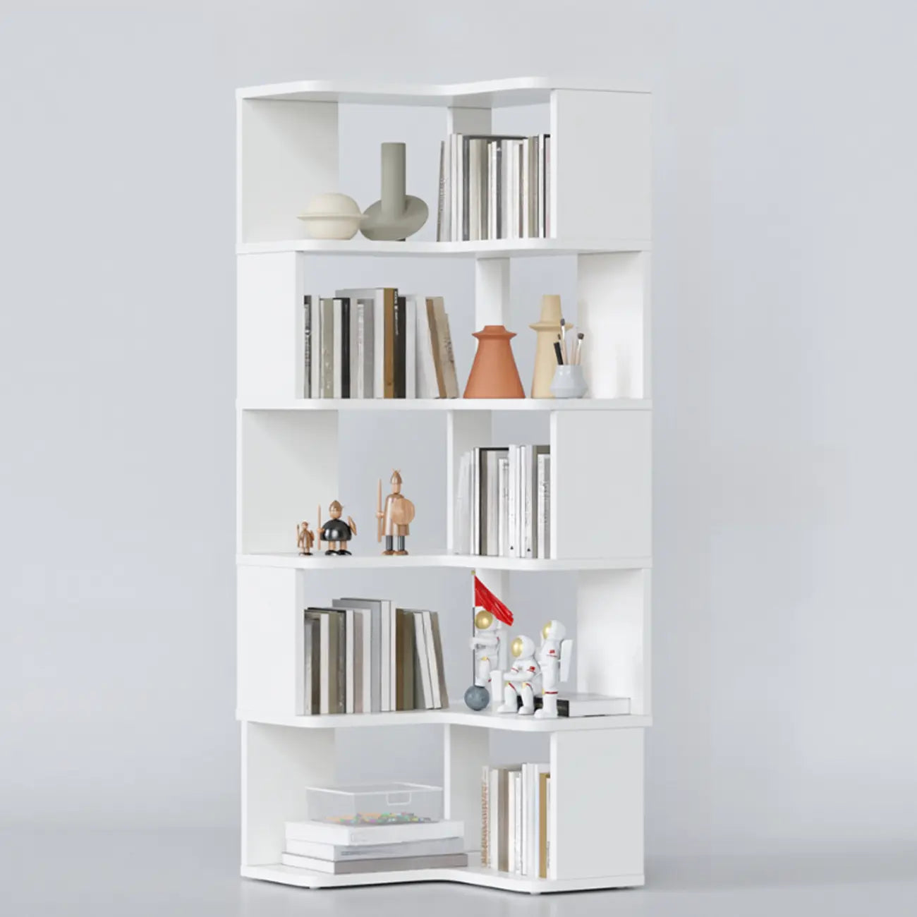 Libreria ad angolo aperta a 6 ripiani a forma di L in legno marrone noce