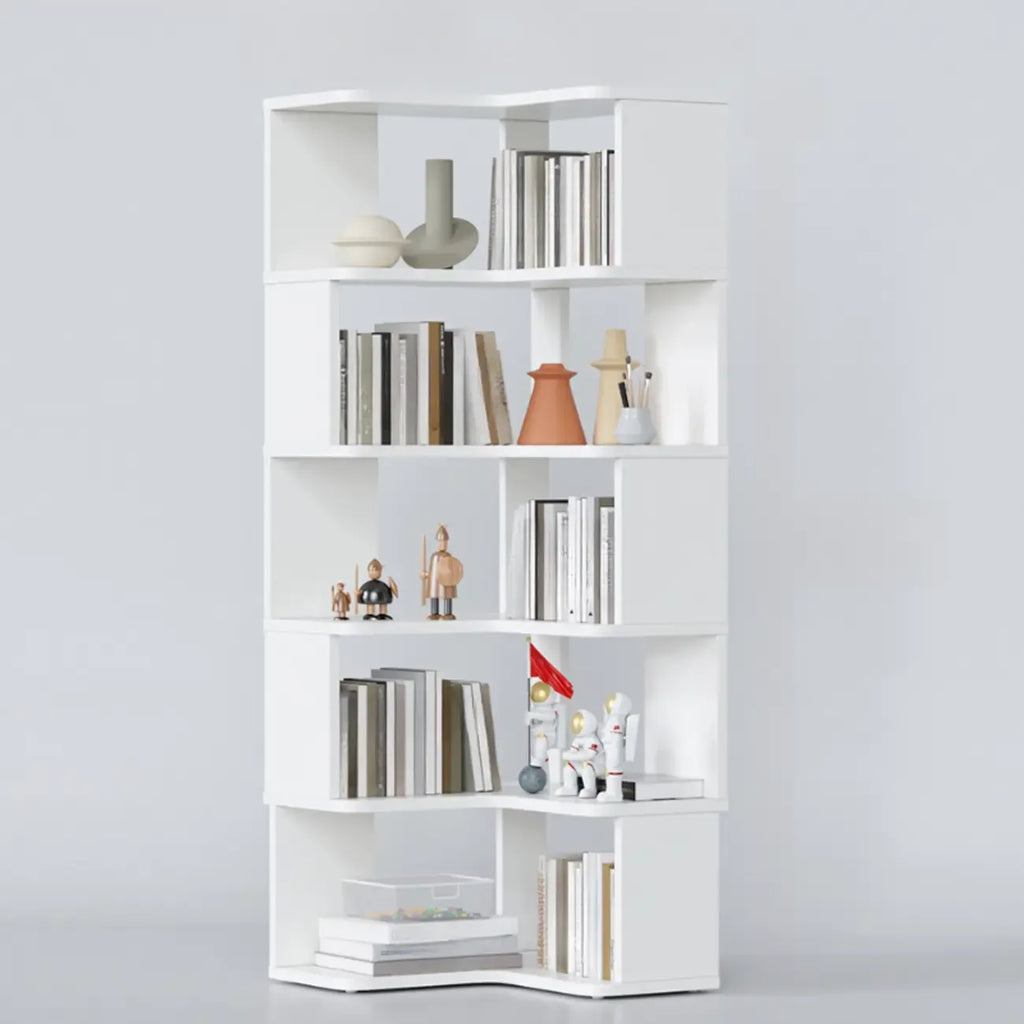 Libreria ad angolo aperta a 6 ripiani a forma di L in legno marrone noce