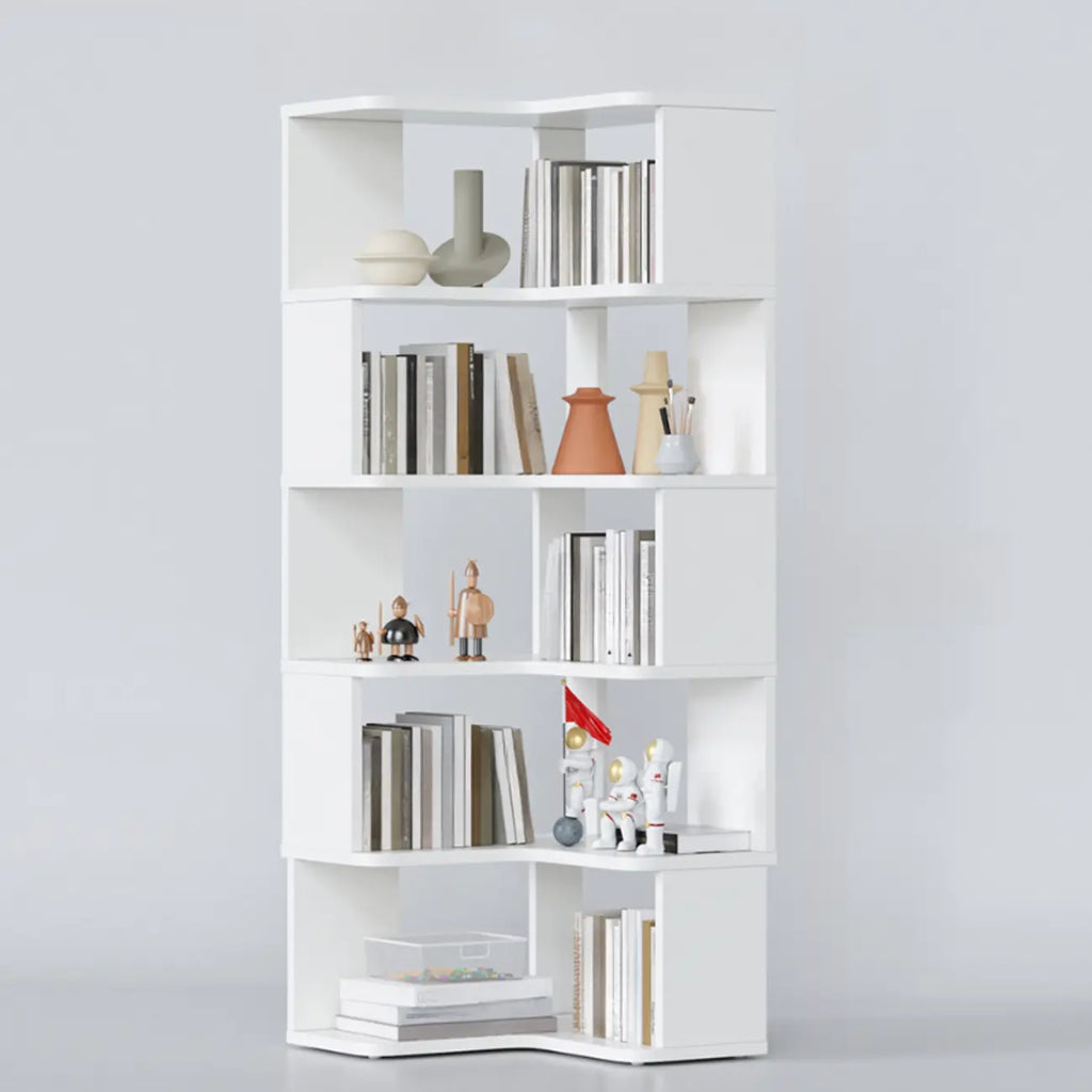 Libreria ad angolo aperta a 6 ripiani a forma di L in legno marrone noce