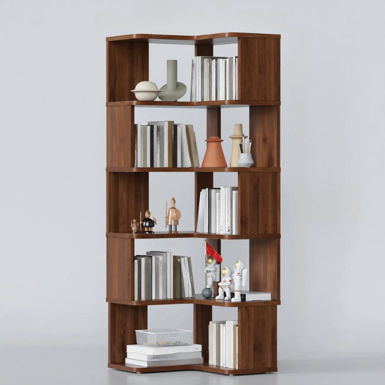 Libreria ad angolo aperta a 6 ripiani a forma di L in legno marrone noce