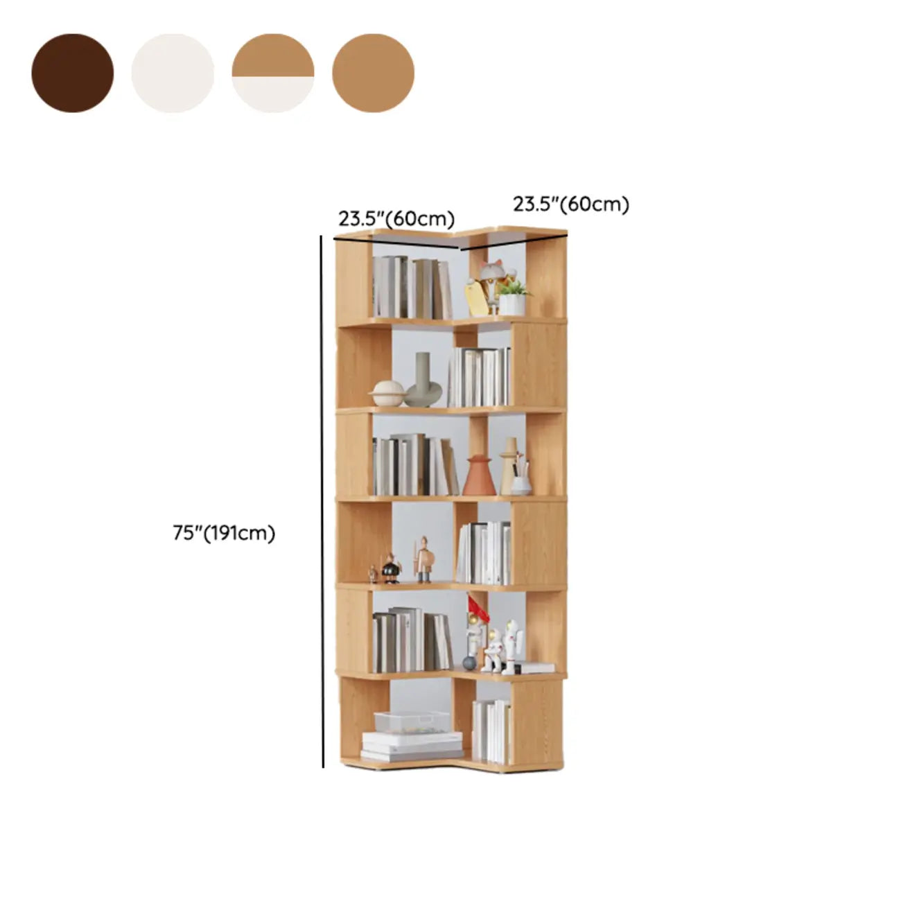 Libreria ad angolo aperta a 6 ripiani a forma di L in legno marrone noce