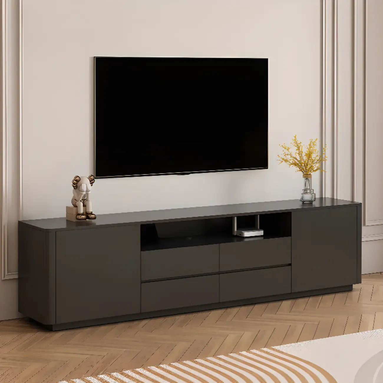 Meuble TV moderne en bois noir avec gestion des câbles