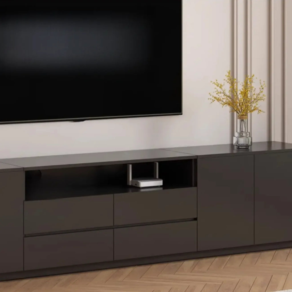 Meuble TV moderne en bois noir avec gestion des câbles