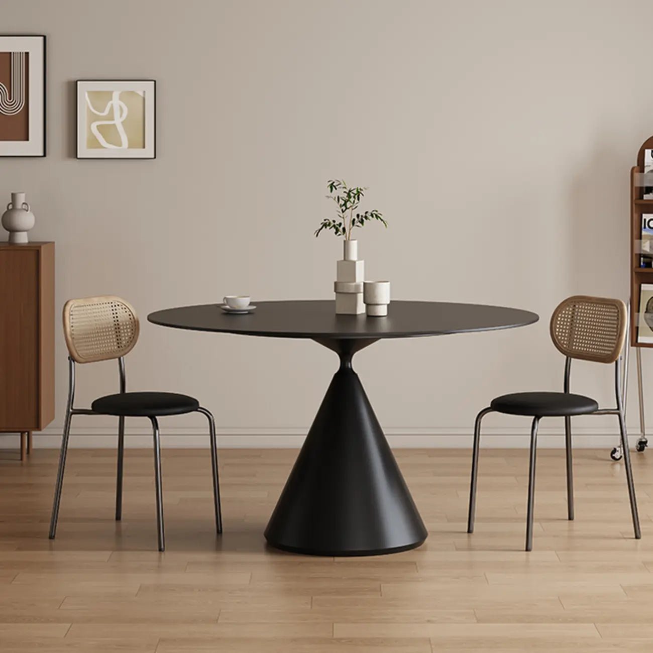 Table de salle à manger ronde moderne en métal noir et pierre