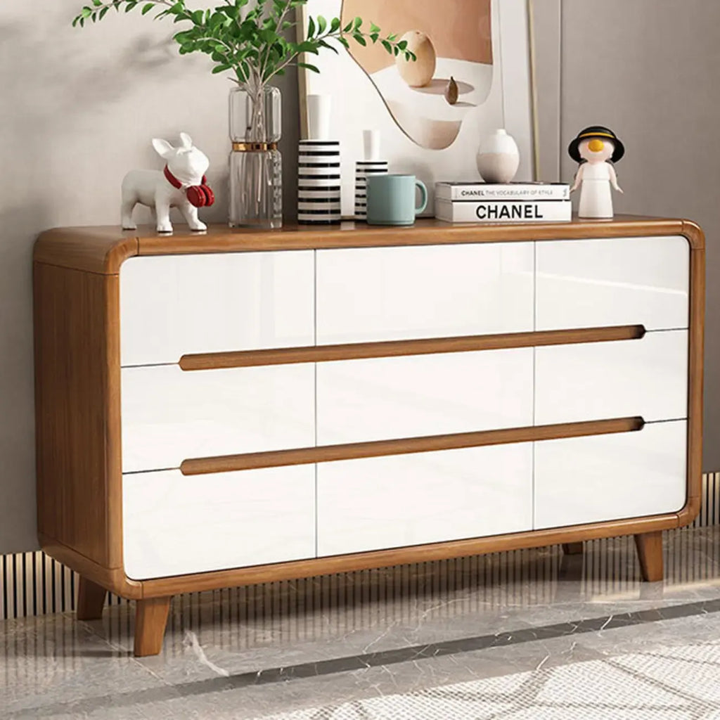 Commode élégante et spacieuse en bois brun et blanc avec 9 tiroirs