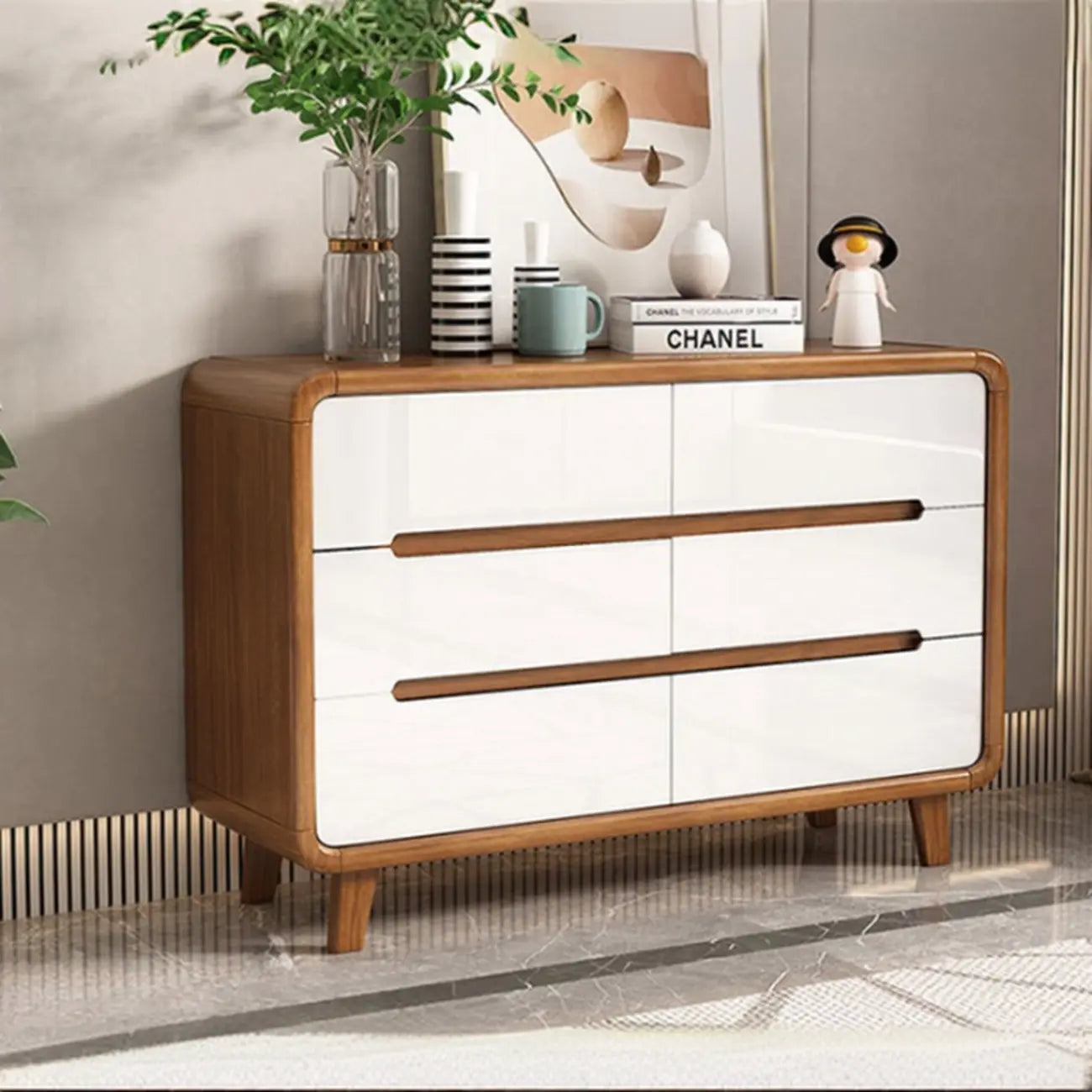Commode élégante et spacieuse en bois brun et blanc avec 9 tiroirs
