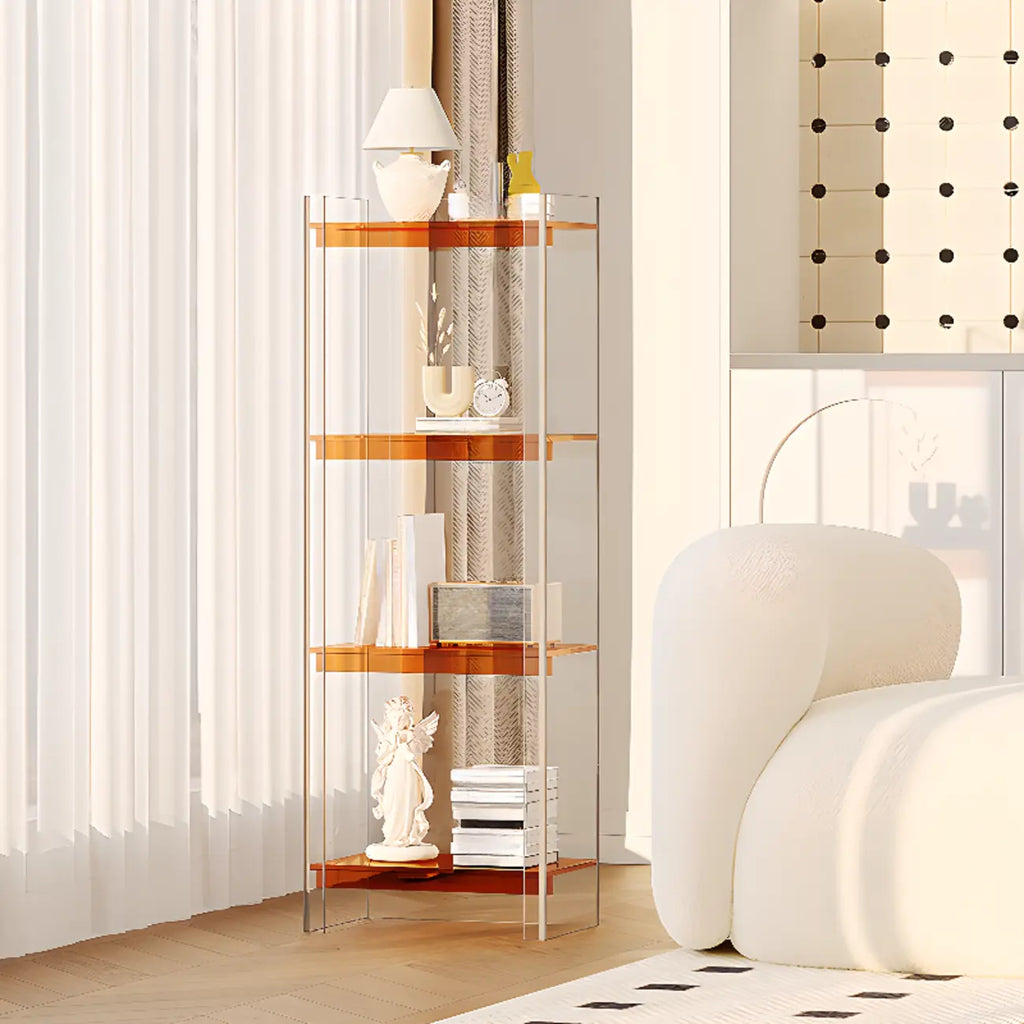 Bibliothèque verticale étroite à 4 niveaux en acrylique transparent, style minimaliste