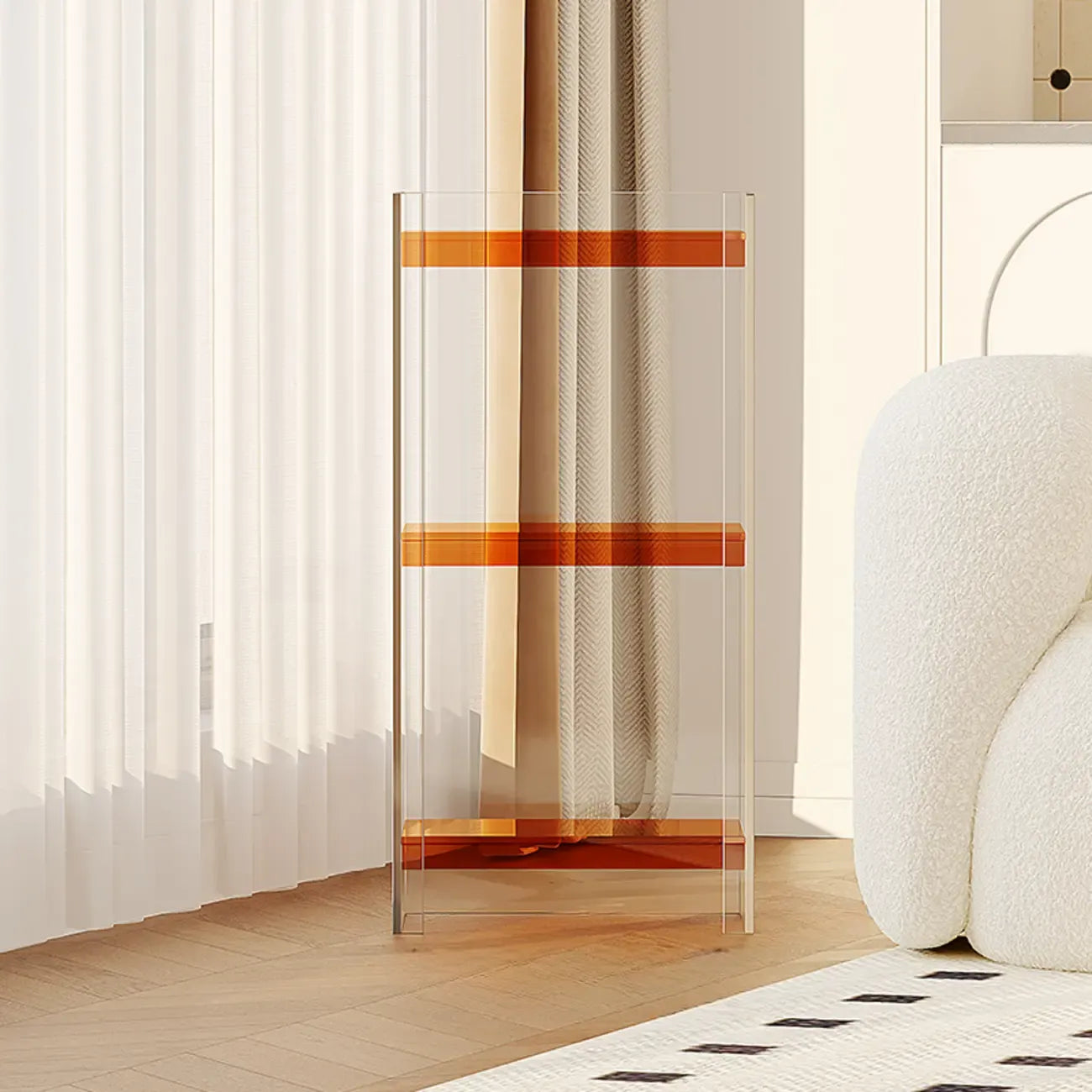 Bibliothèque verticale étroite à 4 niveaux en acrylique transparent, style minimaliste