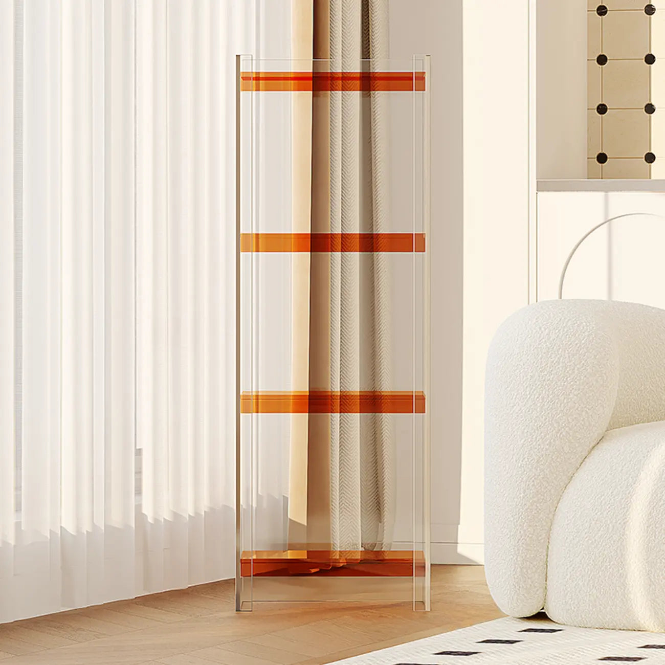 Bibliothèque verticale étroite à 4 niveaux en acrylique transparent, style minimaliste