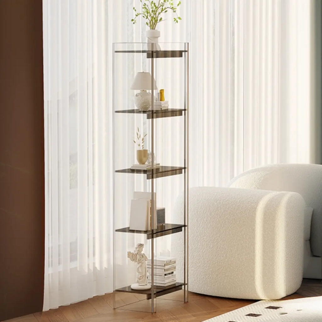 Bibliothèque verticale étroite à 4 niveaux en acrylique transparent, style minimaliste